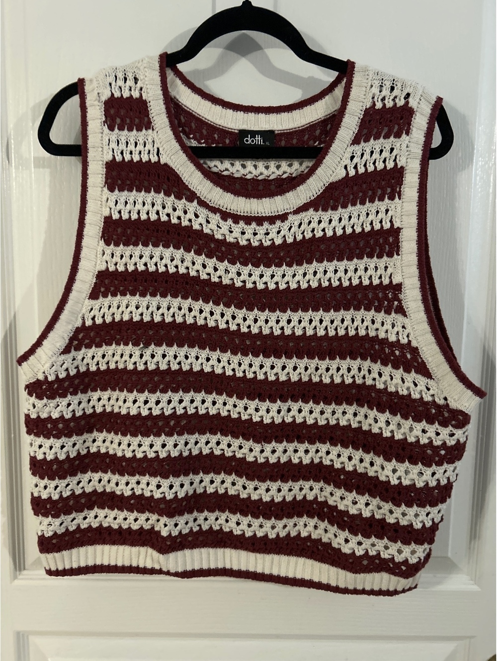Dotti XL Crochet Knit Sleeveless Crop Top in Burgundy and Cream Stripes